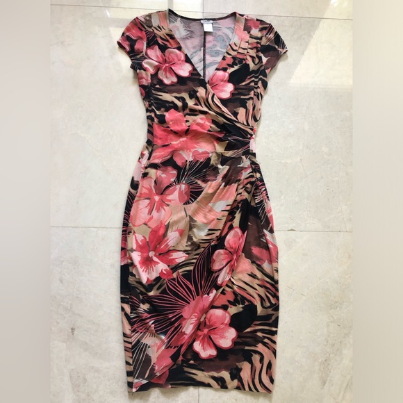 Cache Dresses & Skirts - Cache Tropical Floral Wrap Dress - Pink and Brown. Size XS